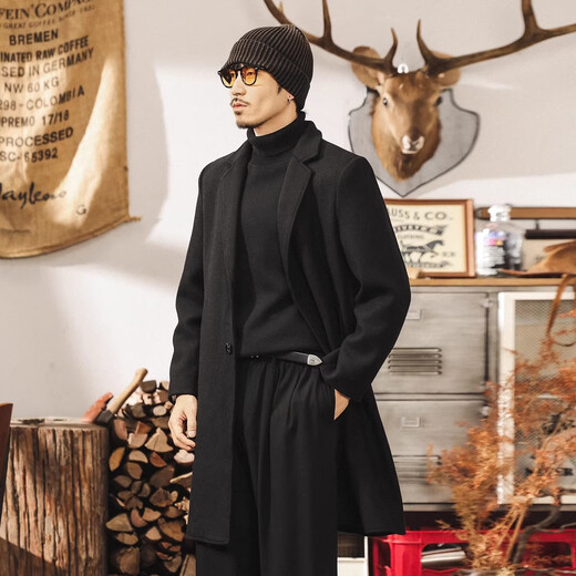 Jay Leno American Retro Black Wool Coat Men's Winter Mid-Length Thick Shoulder Pads Loose Warm Wool Wool Coat Men Black M Suitable for 100-125 Jin Jin equals 0.5 kg