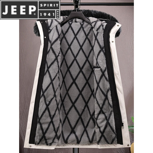 JEEP SPIRIT парка средней длины с меховым воротником для мужчин осенью и зимой плюс бархатная утолщенная куртка с капюшоном, хлопковая зимняя ветровка 6687, черный съемный меховой воротник M