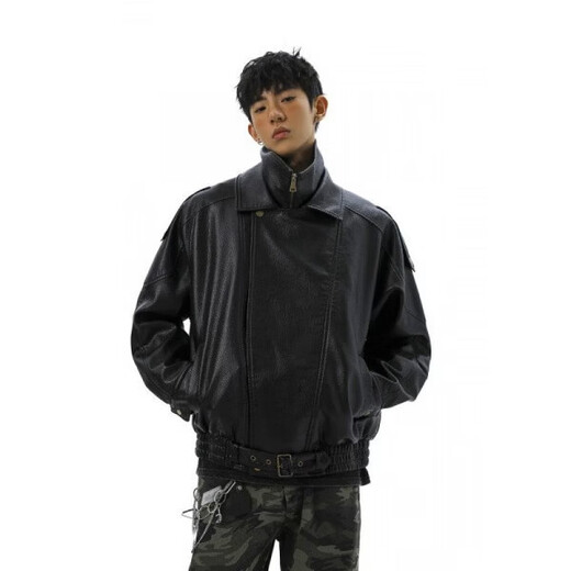 Double-layer collar plus velvet design stand-up collar motorcycle jacket men's American retro Maillard PU leather jacket black plus velvet 4XL recommended (180-195Jin Jin equals 0.5 kg)