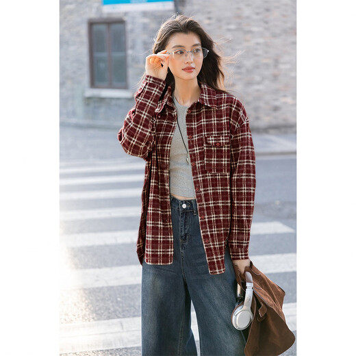 Ives (ITISF4) retro plaid long-sleeved shirt spring loose design top for junior high school and high school students red plaid S