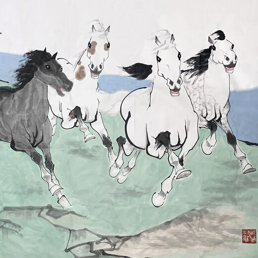 Fan Zeng's authentic calligraphy and painting of celebrities, pure hand-painted Chinese painting, calligraphy and painting, ink painting, figure painting, oil painting, living room decoration painting <Eight Horses> Authentic office hanging paintings of famous people, art collection prints 180X96CM