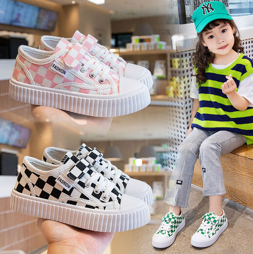 Children's canvas shoes 2025 spring and autumn new student shoes boys plaid sports shoes girls soft bottom low-top sneakers QC-A58 black 35 size 35 shoes inner length 21 points 5cm