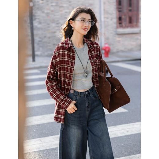 Ives (ITISF4) retro plaid long-sleeved shirt spring loose design top for junior high school and high school students red plaid S