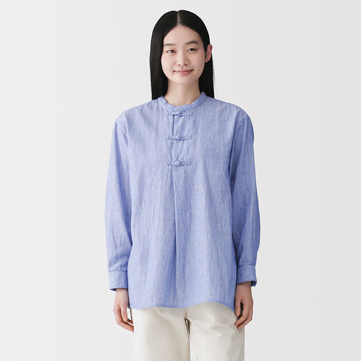 MUJI Women's Kapok Mixed Double-layer Yarn Disc Button Long Top Women's Shirt Women's Spring 26 BC2RNA6S Saxony Blue Stripe XL (165/92A)