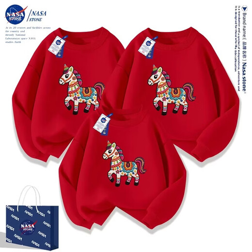 NASA STONE joint parent-child clothing children's red New Year festive tops round neck sweatshirt 2026 new natal year of the horse clothes red spring and autumn style one 110 110cm children's size recommendation 30-38Jin Jin equals 0.5 kg