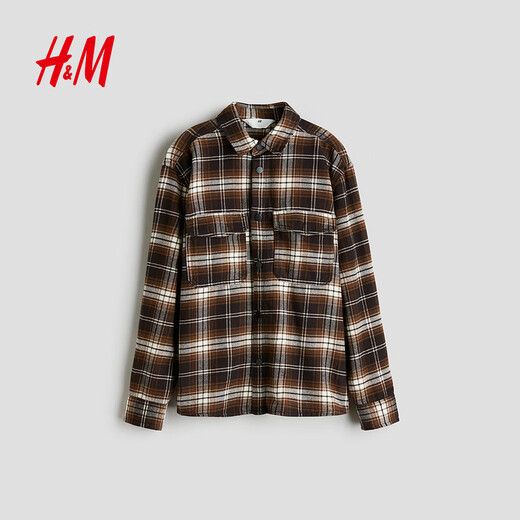 H&M children's clothing children's boys' shirt spring new plaid shirt cotton flannel jacket style shirt 1294610 brown/plaid 165 165/84 (13-14Y)