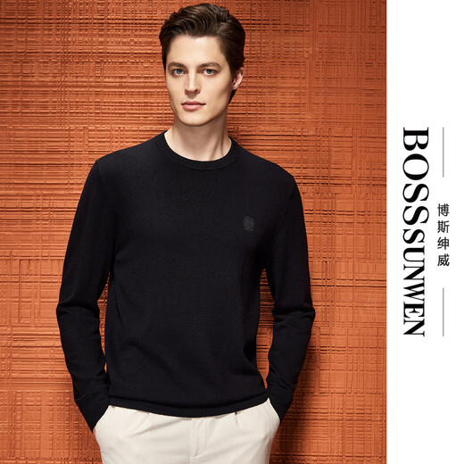 Bosssunwen 100% sheep wool recommended business casual solid color all-match base shirt for spring, exquisite rubberized wool sweater, black M