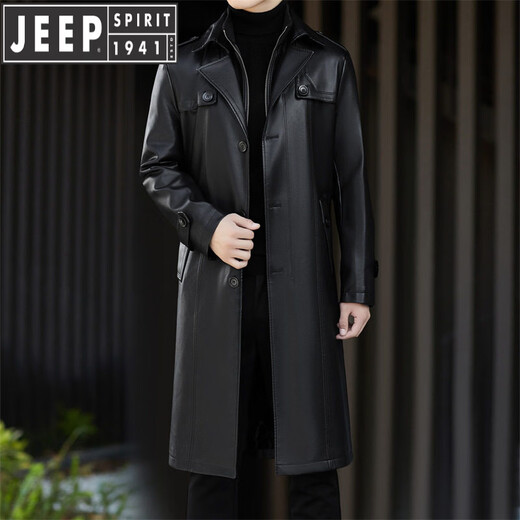 JEEP SPIRIT Leather Jacket Men's Business Plush Thickened Leather Jacket Extra Long Over-the-Knee Fur One-piece Warm Leather Coat Jacket Black M 170