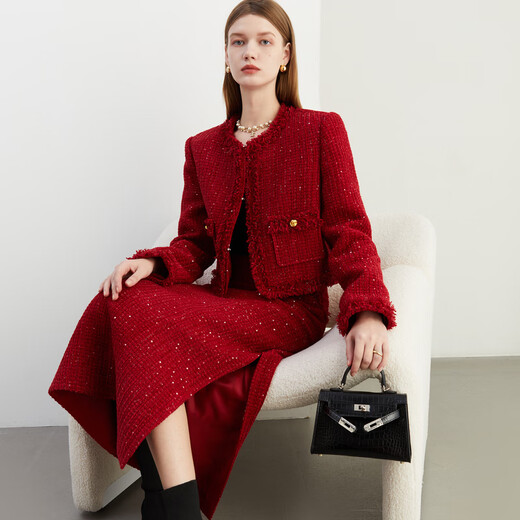 DPLAY2025 Autumn Little Fragrance Style Red High Waisted Skirt Tweed Midi-Length Skirt for Women Midi-Length Skirt-Retro Red S