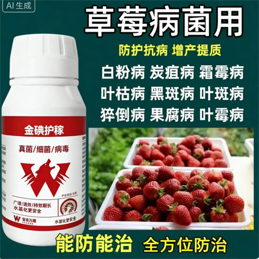 Complete treatment of strawberry diseases, special strawberry bactericidal medicine, red center column, strawberry white powder, root rot, gray mold, leaf spot, soft rot anthrax, gold iodine protection 500 ml (mixed with 800 Jin of water, Jin is equal to 0.5 kg)