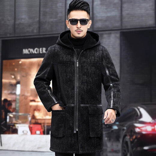 CHEVALPES international first-line brand sheep shear coat men's genuine leather coat long hooded plus fleece wool imitation fur black M 165