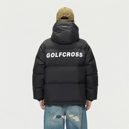 GOLFCROSS90 white duck down simple letter printed loose warm hooded down jacket jacket for men and women, black XL