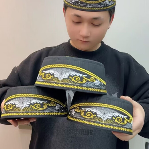 Hanqi Hui men's hat for worship, men's fine embroidery ethnic minority Xinjiang hat flat top embroidery cm embroidery black 55
