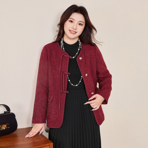 MsShe Xiaoxiangfeng bright silk tweed plus size women's 2025 winter wear fat mm new Chinese style buckle jacket Persian red ready stock 2XL
