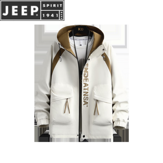 JEEP SPIRIT autumn and winter hooded jacket men's velvet thickened sports suit color-blocking windbreaker handsome workwear jacket 2366 black plus velvet style M