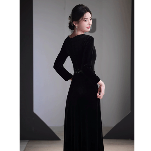Seidler Cantata Piano Performance Black Long Sleeve Conductor Uniform Annual Meeting Host Female Performance Uniform Evening Dress Long Skirt Adult Black Velvet M