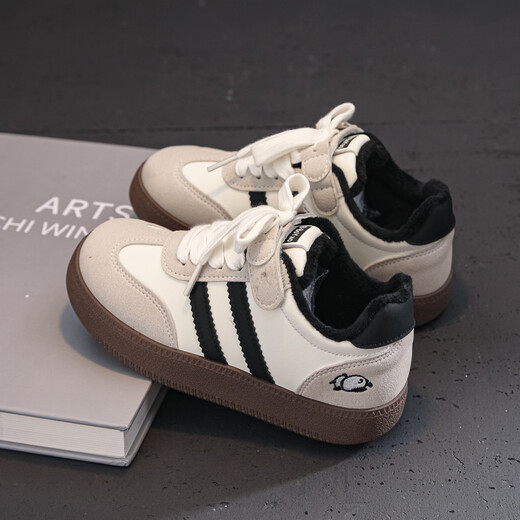 ABJA versatile soft-soled children's moral training shoes for boys and girls, children's casual shoes 2025 winter new plus velvet two-cotton sneakers, beige 32