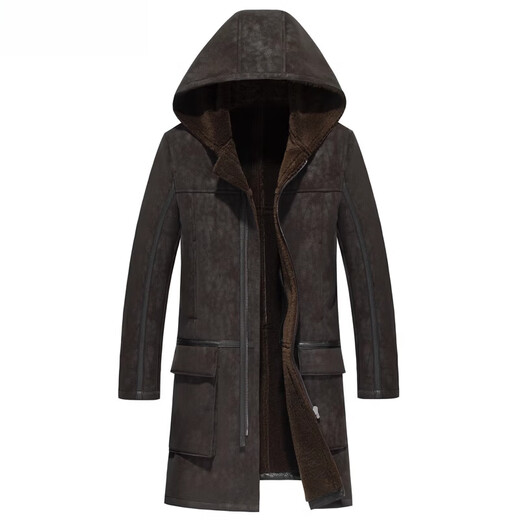 CHEVALPES international first-line brand sheep shear coat men's genuine leather coat long hooded plus fleece wool imitation fur black M 165