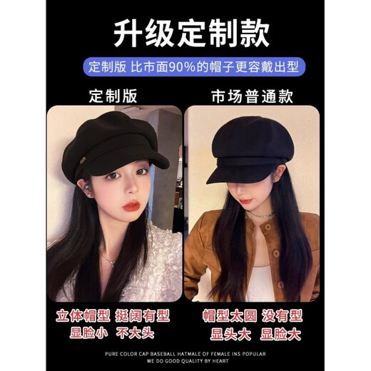 Octagonal hat for women in autumn and winter new style beret for women in autumn and winter showing face small duck tongue octagonal hat big head circumference French antique black black min style one size