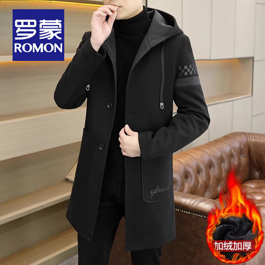 ROMON Trendy Hooded Windbreaker Men's Autumn and Winter New Style Fashionable and Handsome Casual Coat Velvet Thickened Cold Warm Jacket 37 Khaki Velvet XL 125-140Jin Jin is equal to 0.5 kg