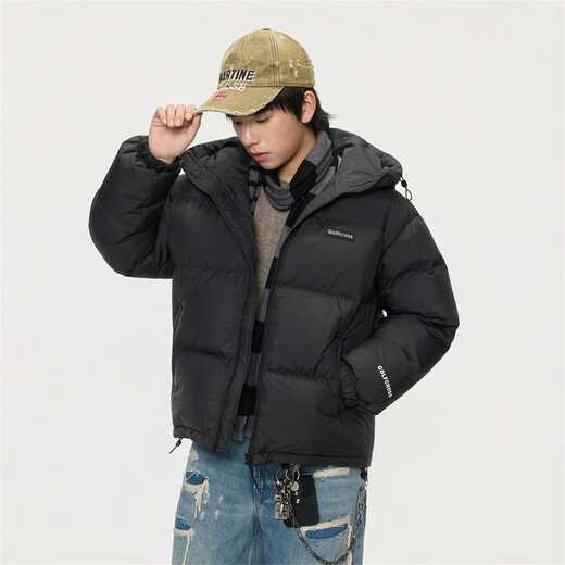 GOLFCROSS90 white duck down simple letter printed loose warm hooded down jacket jacket for men and women, black XL