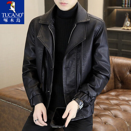 TUCANO autumn and winter new design fake two-piece leather jacket for men with velvet and thickened Korean style motorcycle jacket 98819 brown/velvet 2XL recommended 130-150Jin Jin equals 0.5 kg