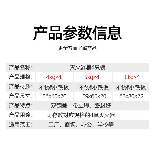 Fire extinguisher commercial 4kg 4-pack stainless steel 4kg fire extinguisher box household 4/5/8kg new national standard special fire equipment placement box 3C certification 4kg 4-pack fire extinguisher empty box red model