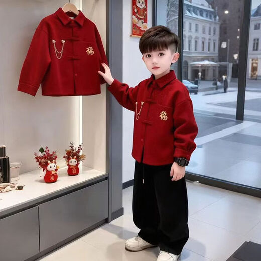 TIANFAN Children's New Year's Wear Winter 2026 New Velvet Warm Festive Jacket Thickened Handsome Boy's Shirt Top Trendy Red Shirt with the Word of Fortune (Free Brooch) Plus Velvet 120