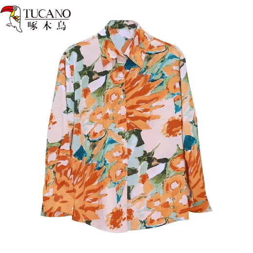 Woodpecker (TUCANO) spring Hong Kong style long-sleeved loose layered design niche new retro print shirt performance photo shirt coffee bottom green floral long-sleeved L