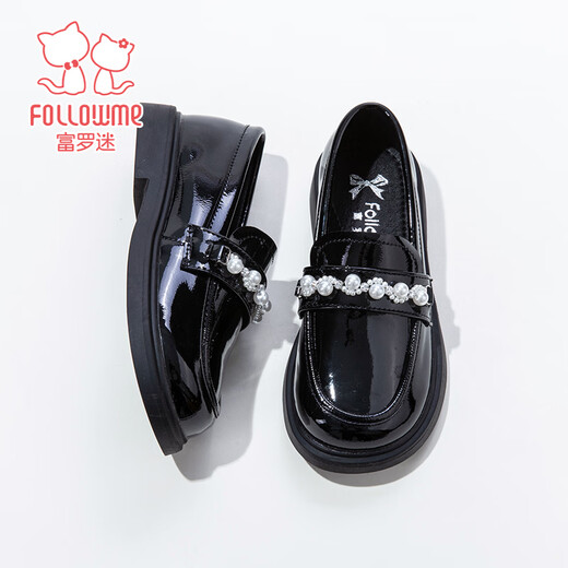 Fuluo Mi Girls Leather Shoes Spring Campus Style Versatile Loafers Little Girls Soft Sole Light Fashion Shoes Shadow Black 35