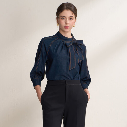 EITIE Bow Tie Fashionable Imitation Denim Shirt 2026 Spring New Loose Slimming Niche Top A2613115 Aqua Blue 39 XL (170)