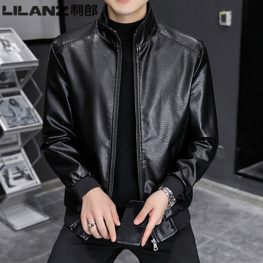利郎（LILANZ）秋冬加绒加厚男士立领皮衣外套韩版宽松皮夹克简约潮流休闲机车服 黑色  单 L