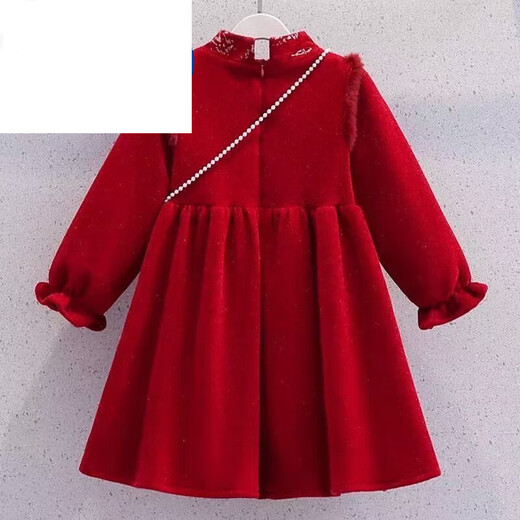HEYDIDY girls' velvet New Year's greeting dress skirt 2025 autumn and winter new thickened baby festive children's Chinese style dress red national style dress (without bag) 120 cm