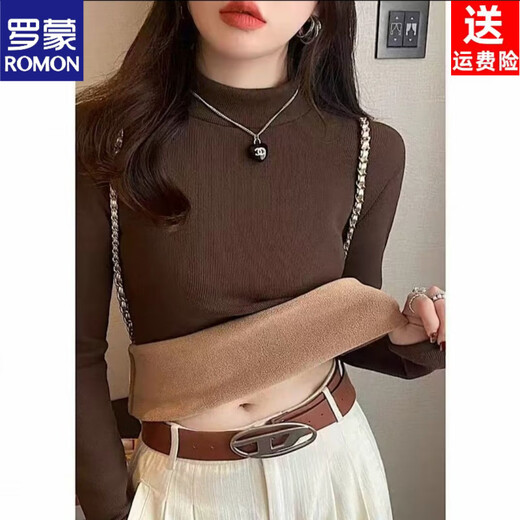 ROMON bottoming shirt 2026 new velvet thickened half-high collar solid color women's winter simple long-sleeved high-elastic top mid-collar off-white M 70-90Jin Jin equals 0.5 kg