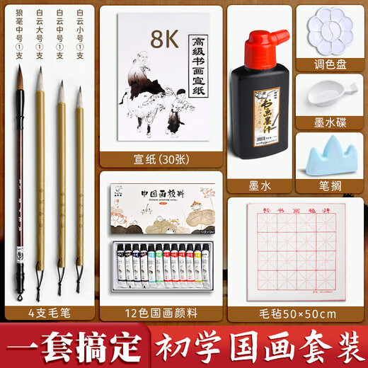 Shu Xing Chinese Painting Pigment Set Beginners Ink Painting Chinese Painting Supplies and Tools Full Set of 12 Colors 5ml Primary School Students Art Class Special Brush Rice Paper Materials for Children to Start School