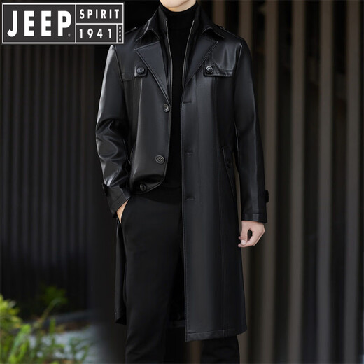 JEEP SPIRIT Leather Jacket Men's Business Plush Thickened Leather Jacket Extra Long Over-the-Knee Fur One-piece Warm Leather Coat Jacket Black M 170