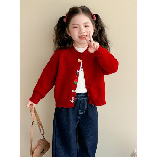 HAL.DUCK Year of the Horse New Year Children's New Year Clothes Cashmere Sweater Girls Knitted Cardigan Jacket Autumn and Winter 2025 New Style Red 130 cm