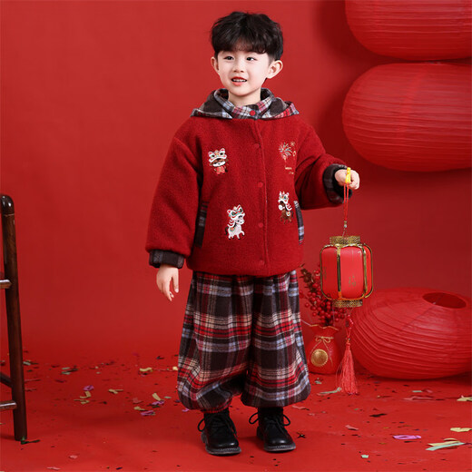 HAL.DUCK New Year's greetings boys' winter thickened cotton suit children's 2026 Year of the Horse red festive boy's winter jacket red 130 cm