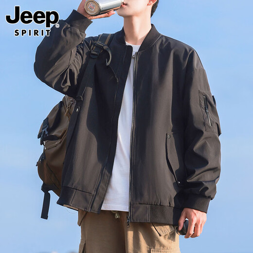 JEEP SPIRIT Jeep American Flight Jacket Men's Spring Trendy Loose Casual Workwear Jacket Men's Black M