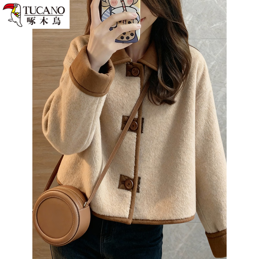 Woodpecker coffee color reversible suede sherpa jacket for women 2025 winter retro Maillard stand-up collar fur integrated picture color unique and beautiful/popular style this year S recommended 80-95Jin Jin equals 0.5 kg