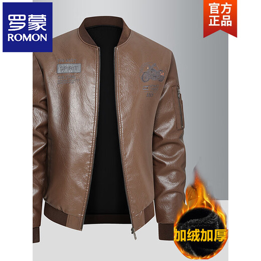 ROMON Leather Jacket Men's Baseball Collar Velvet Thickened Loose Casual Trendy Handsome Leather Jacket Embroidered Motorcycle Jacket Black Velvet 812X Thickened M
