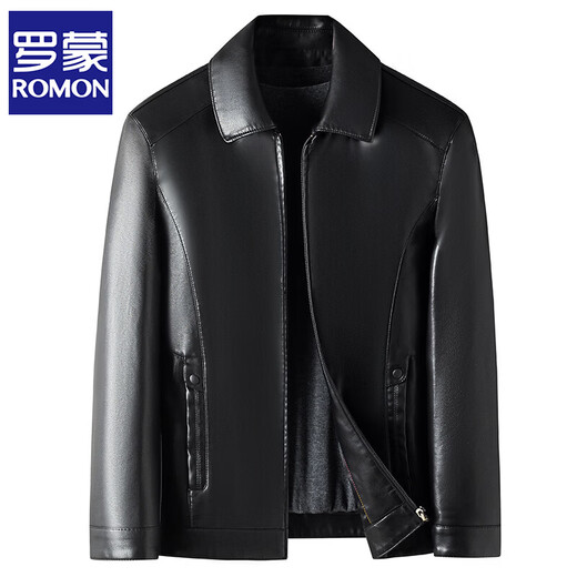 ROMON leather jacket men's 2026 new spring and autumn trendy brand handsome motorcycle jacket men's velvet thickened leather jacket top black thickened style XL (180)