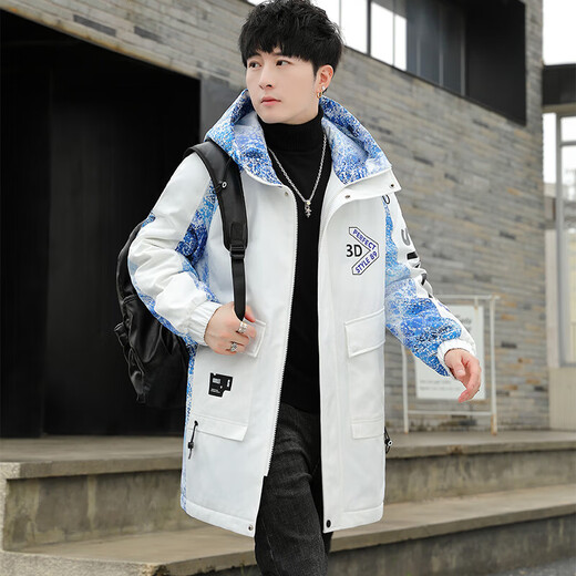 Mid-length jacket men's autumn and winter trendy brand youth velvet thickened jacket junior high school and high school student jacket off-white 4XL size 180-200Jin Jin is equal to 0.5 kg