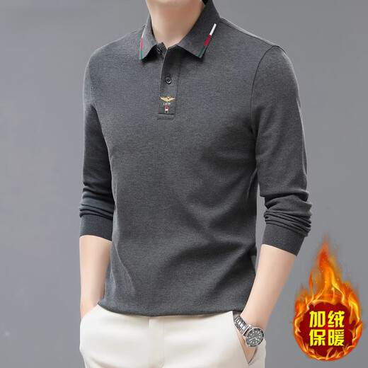 NASAOVER light luxury men's high-end t-shirt long-sleeved spring new velvet thickened lapel bottoming shirt brand men's sweatshirt high-end gray returnable with shipping insurance plus velvet M 90-110Jin Jin equals 0.5 kg