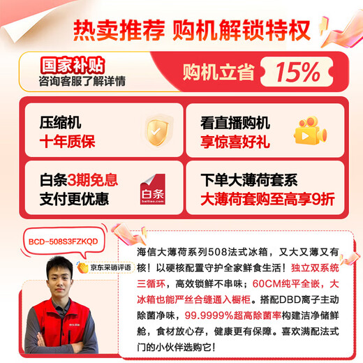 Hisense Big Mint 508L French-style multi-door refrigerator dual-system embedded large-capacity active sterilization and deodorizing white World Cup customized refrigerator BCD-508S3FZKQD national subsidy