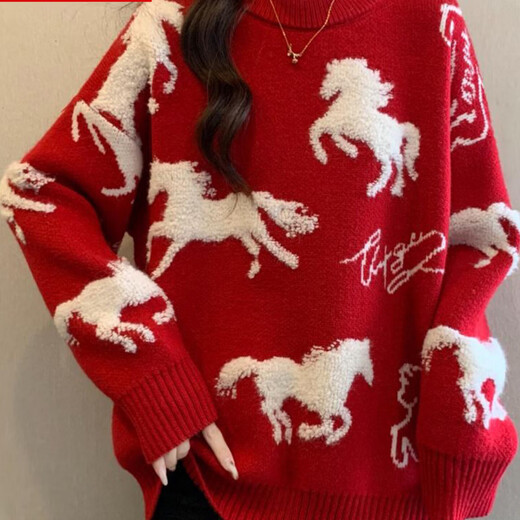ANGEL MOOD Red Sweater Women's Year of the Horse Zodiac Red Sweater New Year's Style Thickened Round Neck Loose Women's Sweater Bottoming Shirt Women Burgundy 2XL