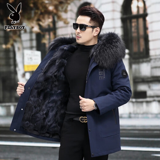 花花公子海宁派克服男2025新款冬季皮草外套狐狸毛男款中长款男士皮毛一体 卡其绿+狐狸毛休闲款 L 110-130斤