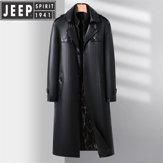 JEEP SPIRIT Leather Jacket Men's Business Plush Thickened Leather Jacket Extra Long Over-the-Knee Fur One-piece Warm Leather Coat Jacket Black M 170