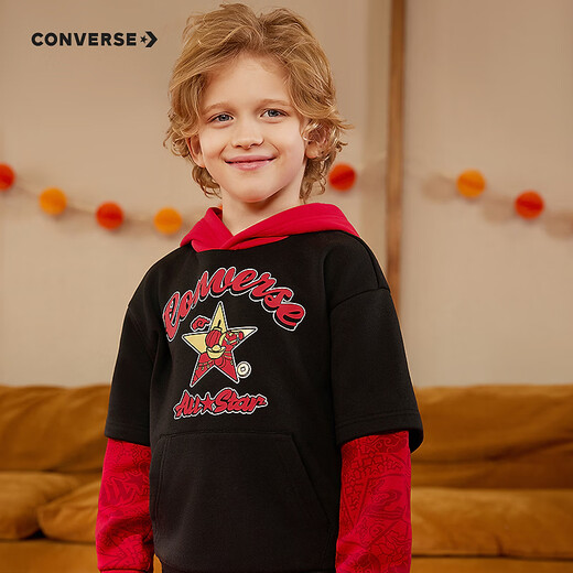 Converse boys' contrasting fake two-piece hooded sweatshirt 2026 spring children's skin-friendly and comfortable fleece sweatshirt