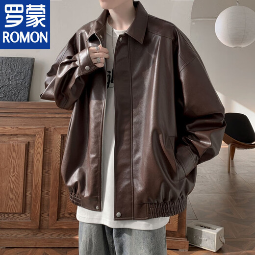 ROMON winter leather jacket men's velvet thickened American high street motorcycle jacket handsome loose casual pu leather top black-velvet high quality thickened 2XL quality higher than peers